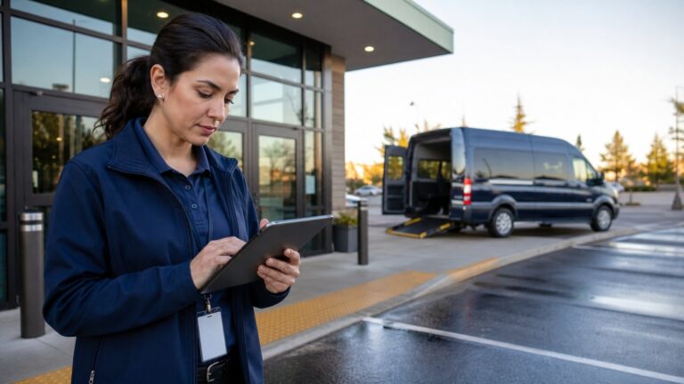 NEMT dispatcher coordinating recurring dialysis transportation beside a wheelchair-accessible van
