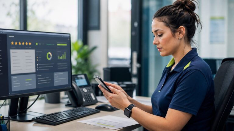 NEMT office manager sending a review request beside a customer feedback dashboard