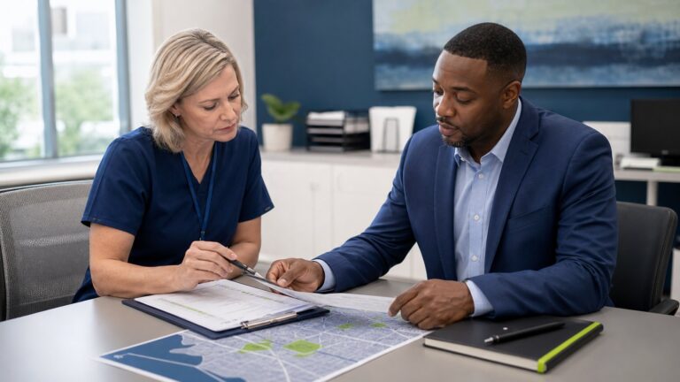 Hospital discharge planner and NEMT company owner reviewing a transportation service-area map