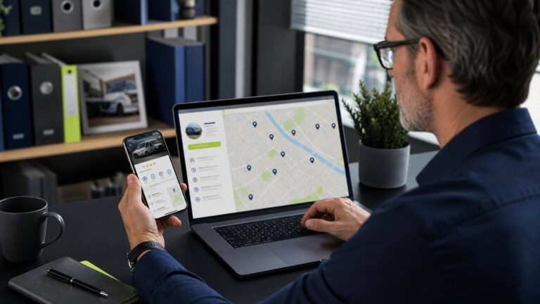 NEMT fleet owner reviewing a local map and business profile on a laptop and smartphone