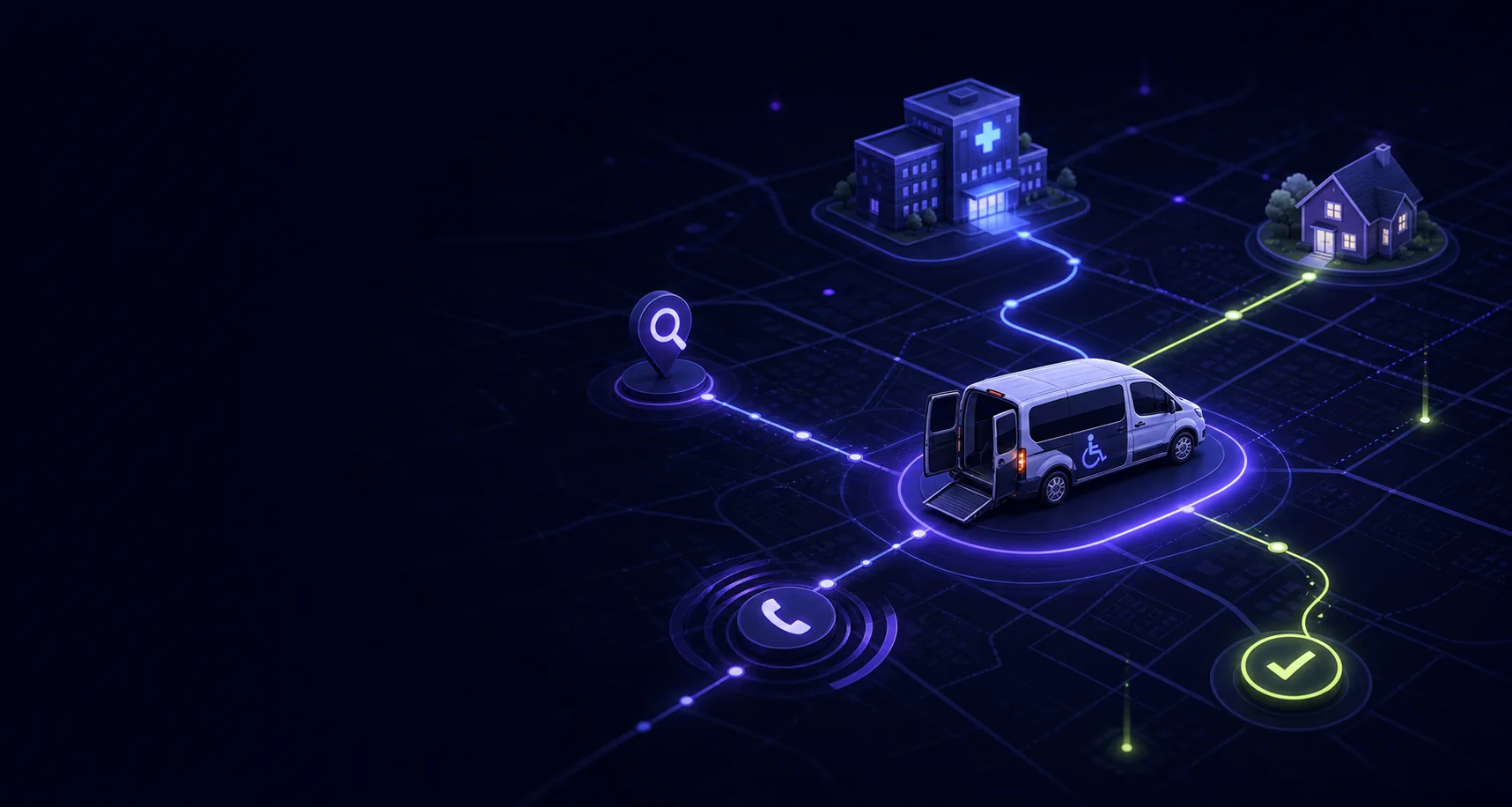 Abstract NEMT territory growth map connecting accessible transportation, medical facilities, homes, calls, and bookings