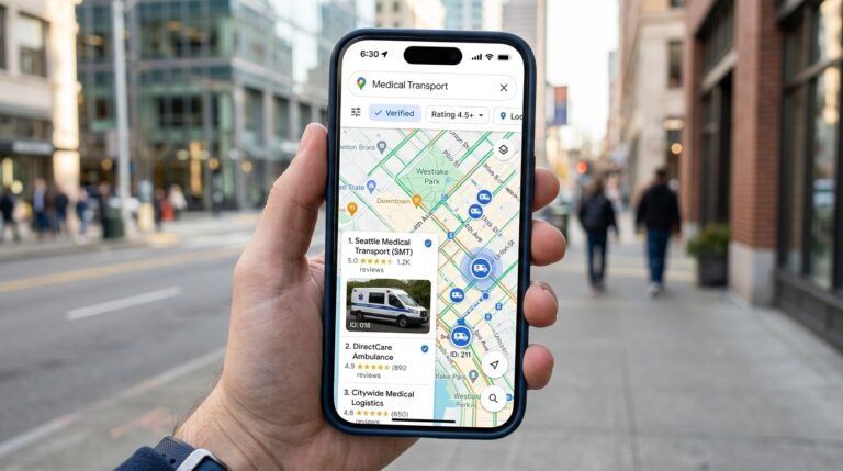 Mobile Google Maps search results for wheelchair-accessible medical transportation providers
