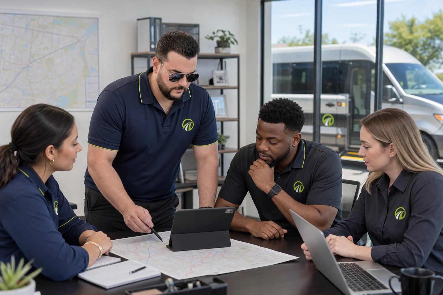 NEMT Marketing founder Sam with a representative strategy team reviewing a medical transportation growth plan