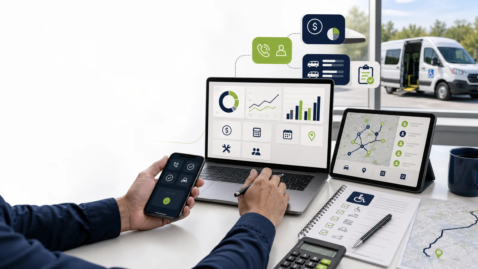 NEMT operator workspace with planning, call recovery, quote, profit, and accessibility tools