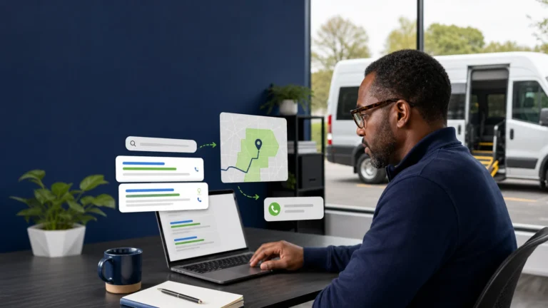 NEMT owner reviewing paid search campaigns connected to local ride inquiries