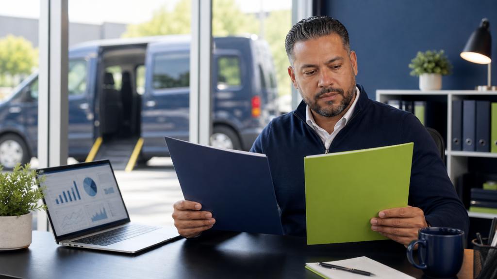 NEMT owner reviewing route-planning folders beside a wheelchair-accessible passenger van