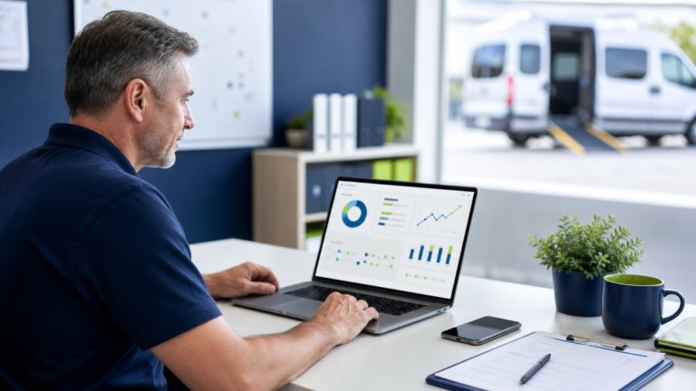 NEMT owner reviewing a marketing performance dashboard beside a wheelchair-accessible passenger van