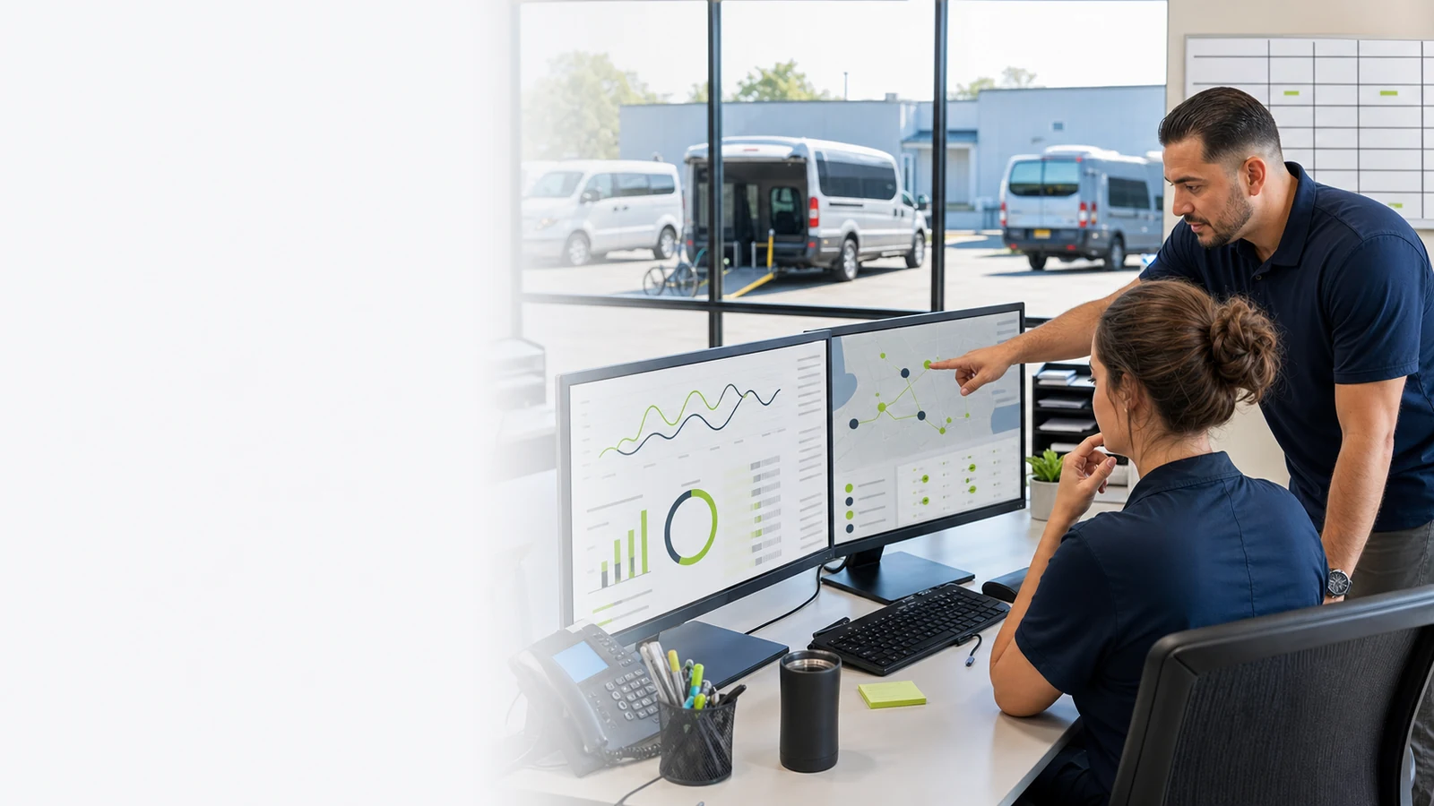NEMT operations team reviewing route coverage and anonymized growth performance dashboards