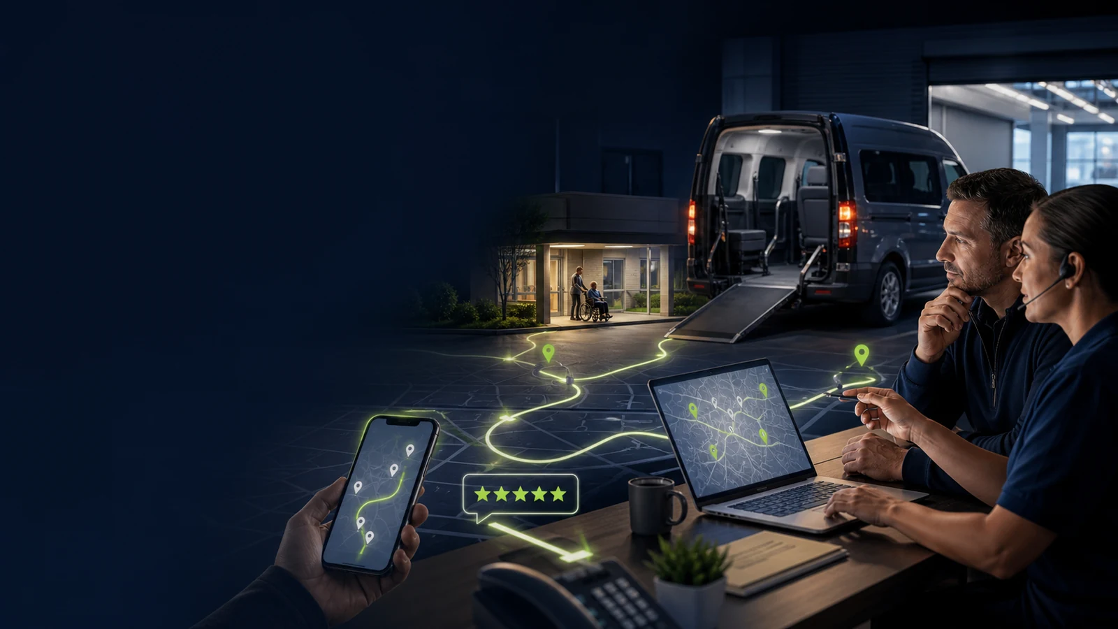 NEMT operator reviewing a connected growth system for local visibility, reviews, calls, and booked rides