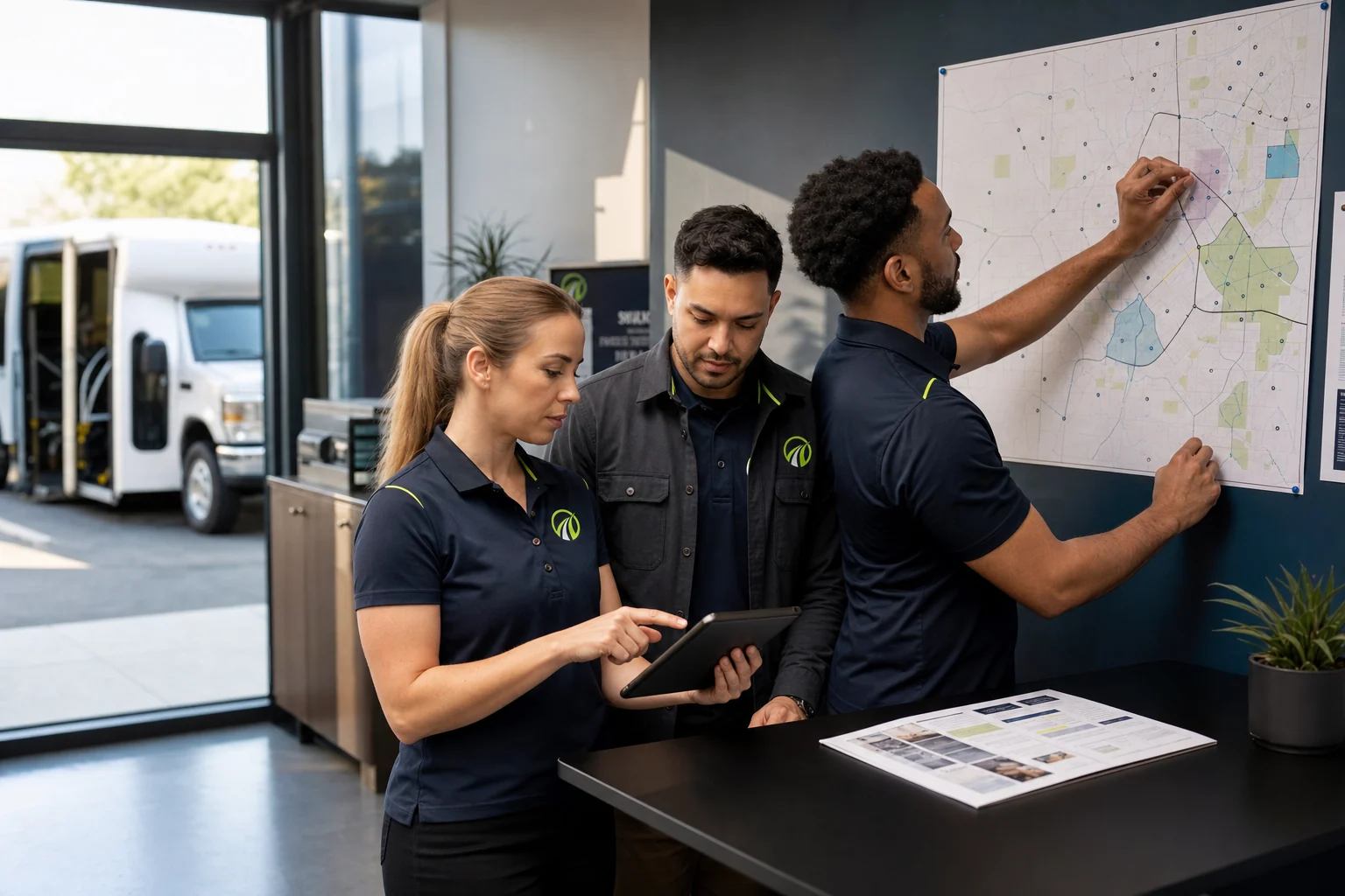 Representative NEMT Marketing team members in branded polos reviewing a service-area and route plan