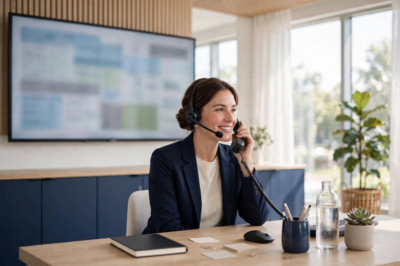 Dispatcher in a bright modern office booking a medical transportation trip by phone